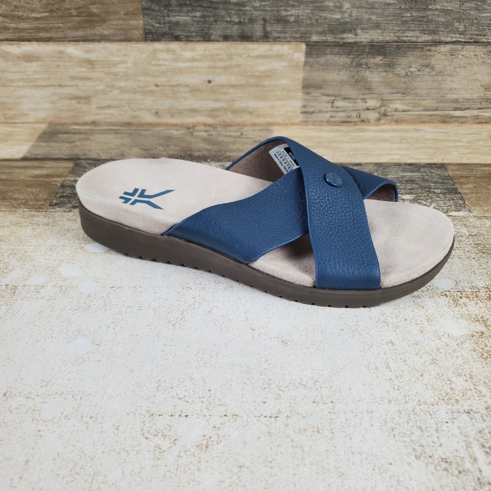 Kuru Breeze Womens Slide Sandals Sz 9 W Mineral Blue Faded Brown Leather Slip On